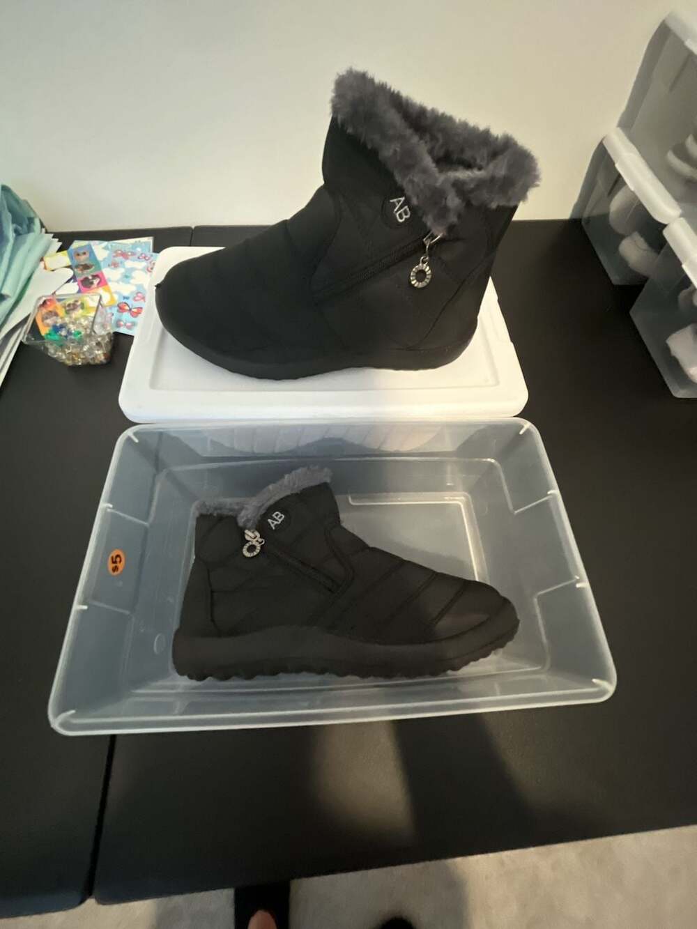 AB Branded Black Quilted Fleece-Lined Winter Snow Ankle Boots